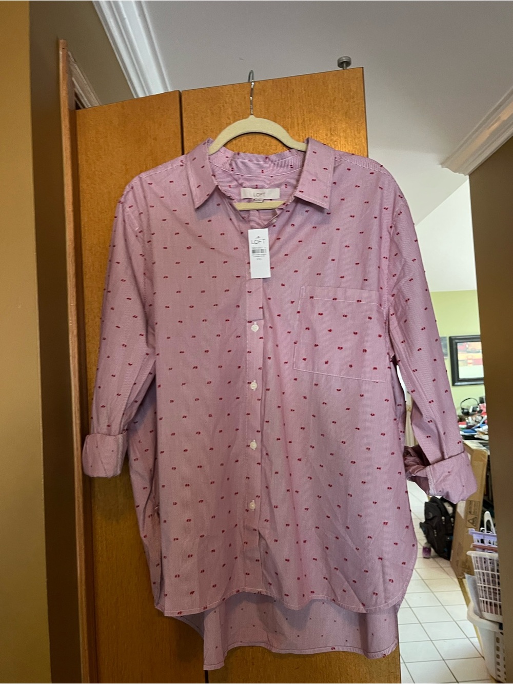 LOFT NWT XXL Pink Button-Down Shirt with Red Micro Dots